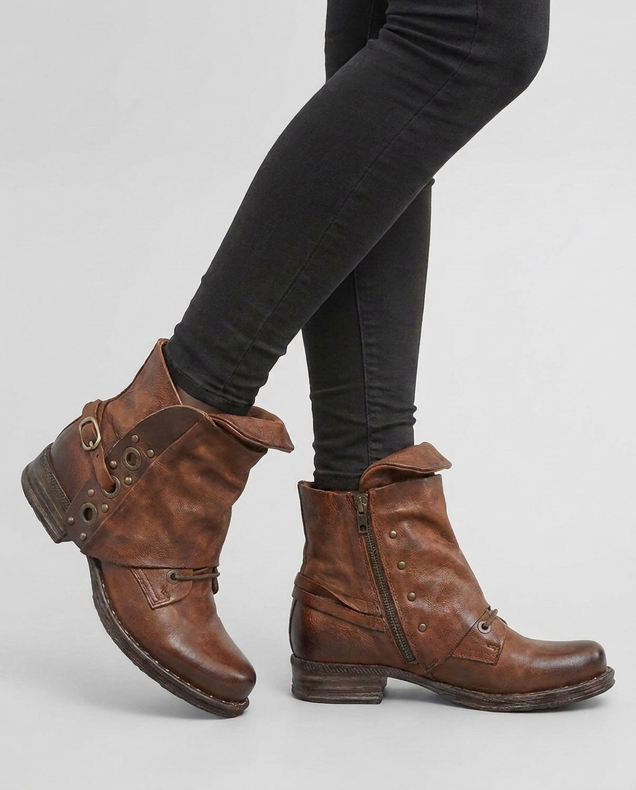 Brown women's motorcycle ankle boots on-foot studio