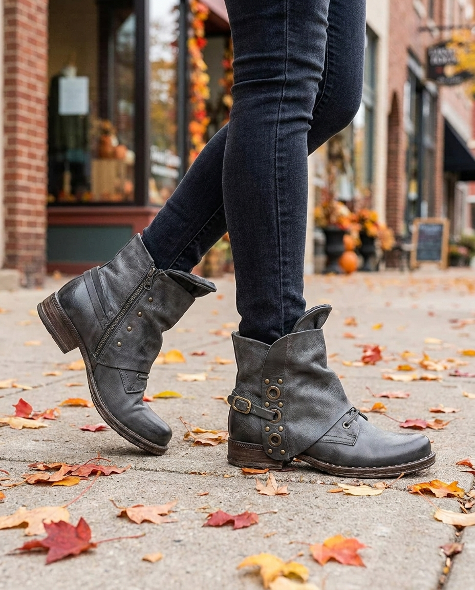 Woman walking in gray moto ankle boots on autumn city sidewalk