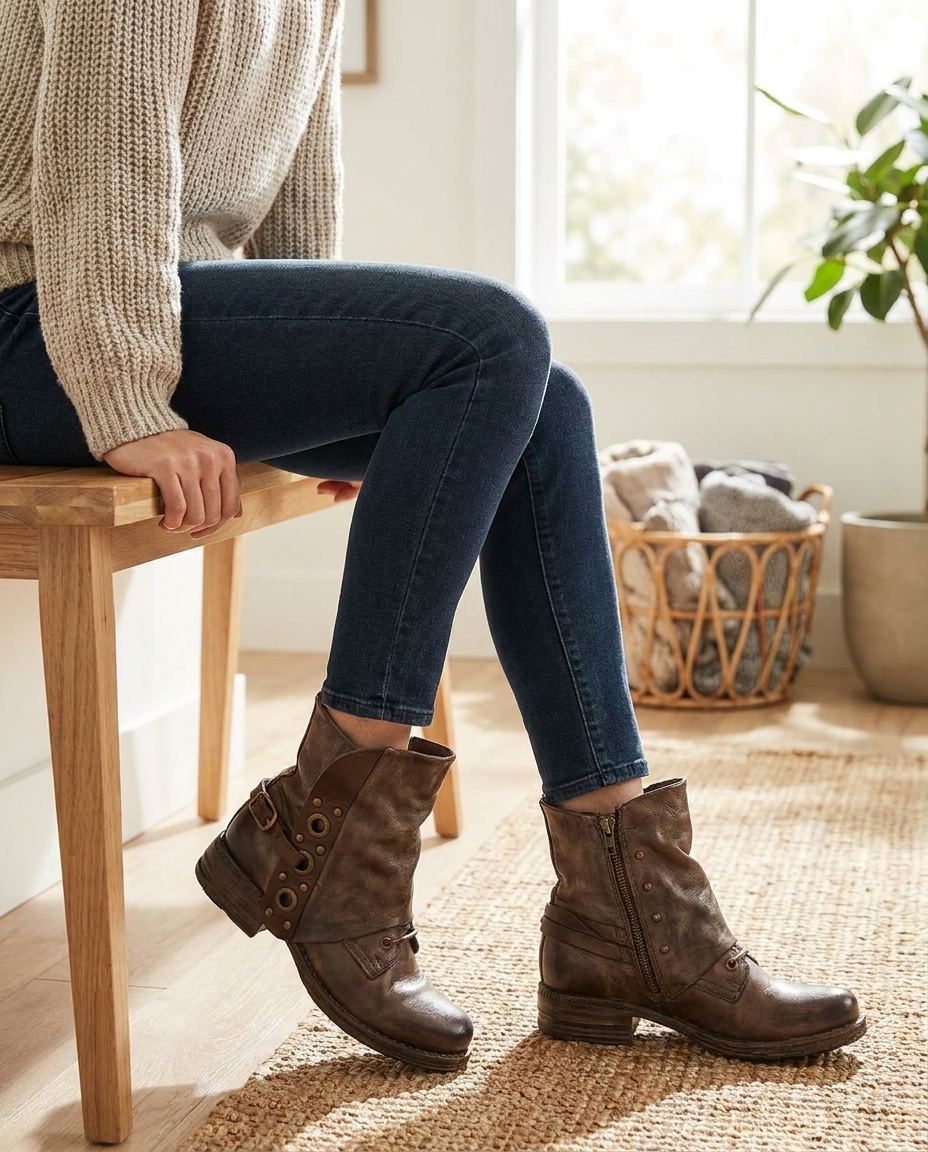 Woman seated wearing brown moto ankle boots in cozy interior