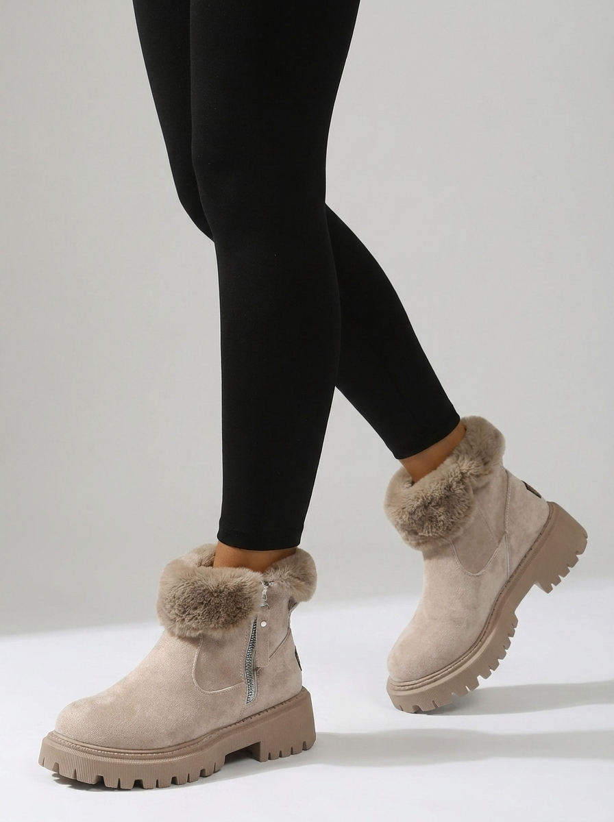 Women's khaki suede fur-cuff winter ankle boots with side zip and chunky lug sole