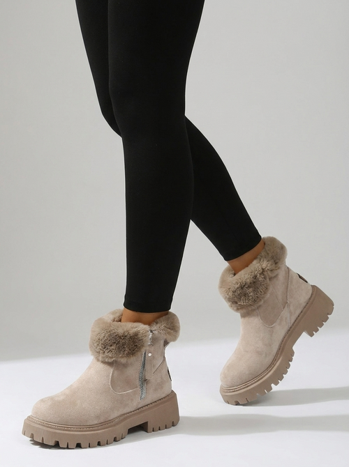 Women's khaki suede fur-cuff winter ankle boots with side zip and chunky lug sole