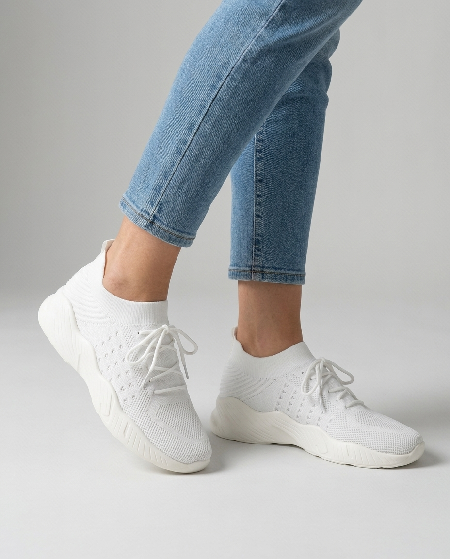Women's white knit lace-up sneakers on-foot studio hero