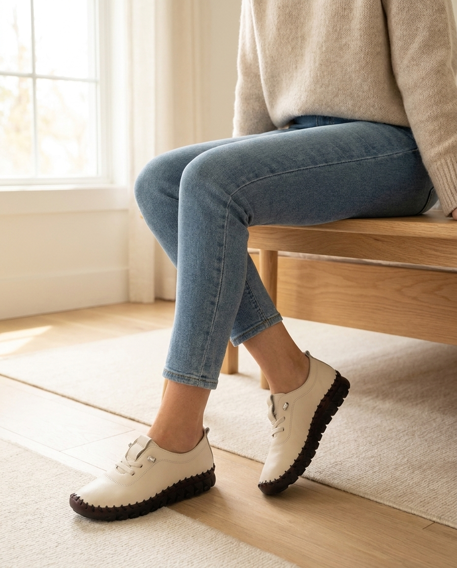 Woman styling milk white leather slip-on sneakers with jeans at home