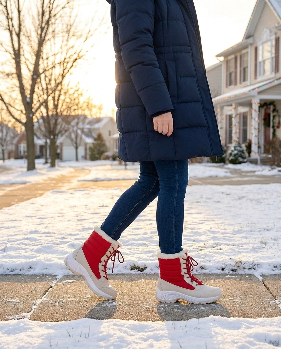 Woman walking on a snowy street wearing red fur-lined snow boots