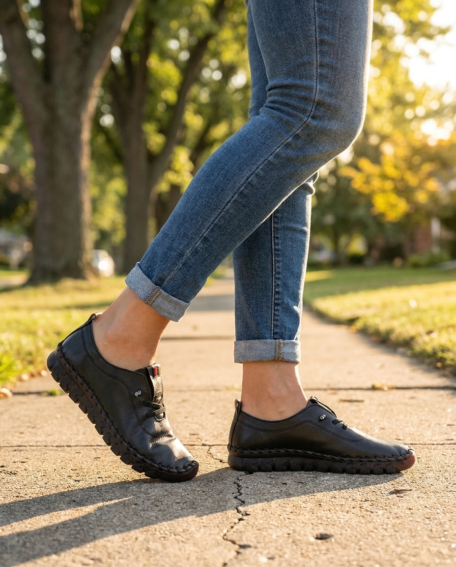 Woman walking outdoors in black leather slip-on casual sneakers, golden hour