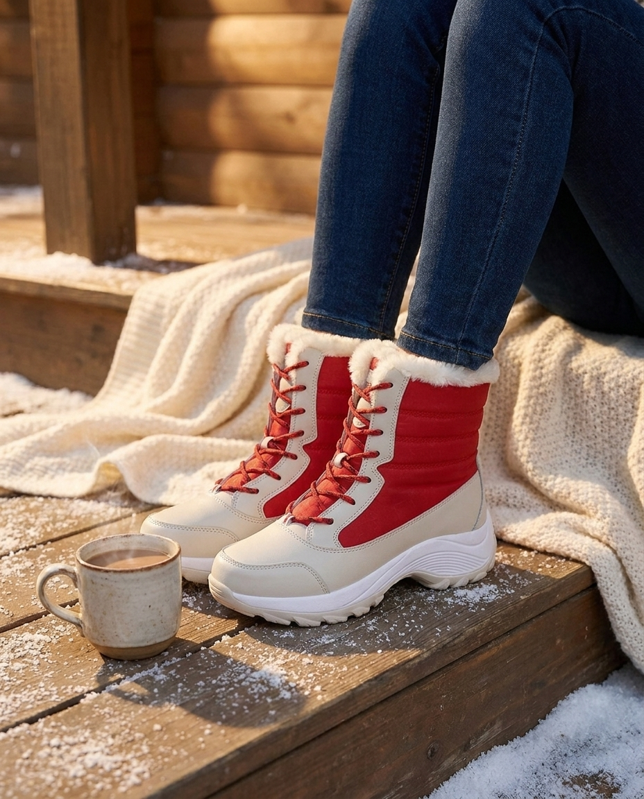 Red fur-lined snow boots on a cabin porch with a blanket and warm mug