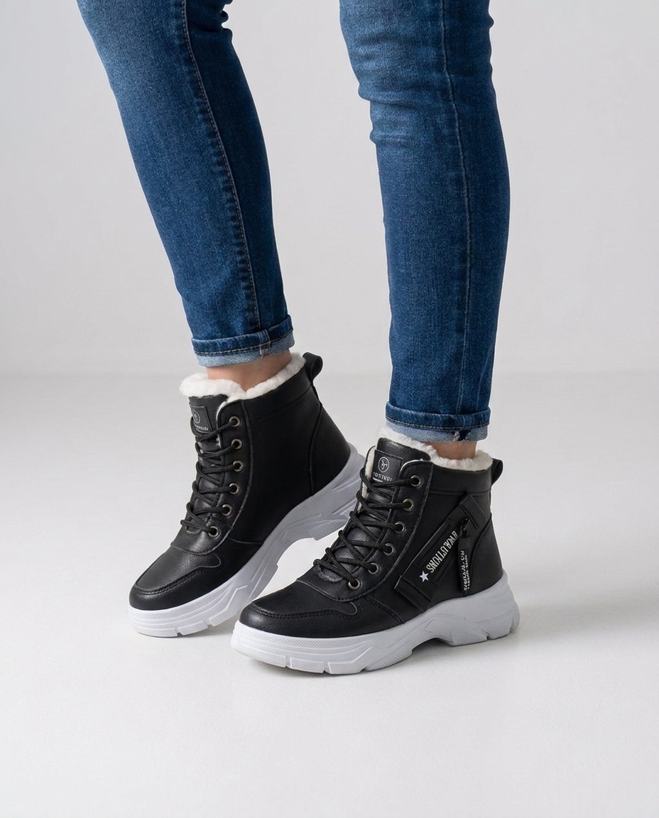 Women's black fur-lined lace-up winter boots on foot with white sole