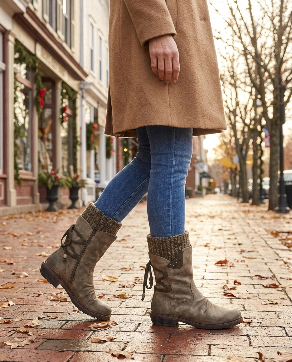 Woman walking a US main street in khaki Sabine mid-calf winter boots