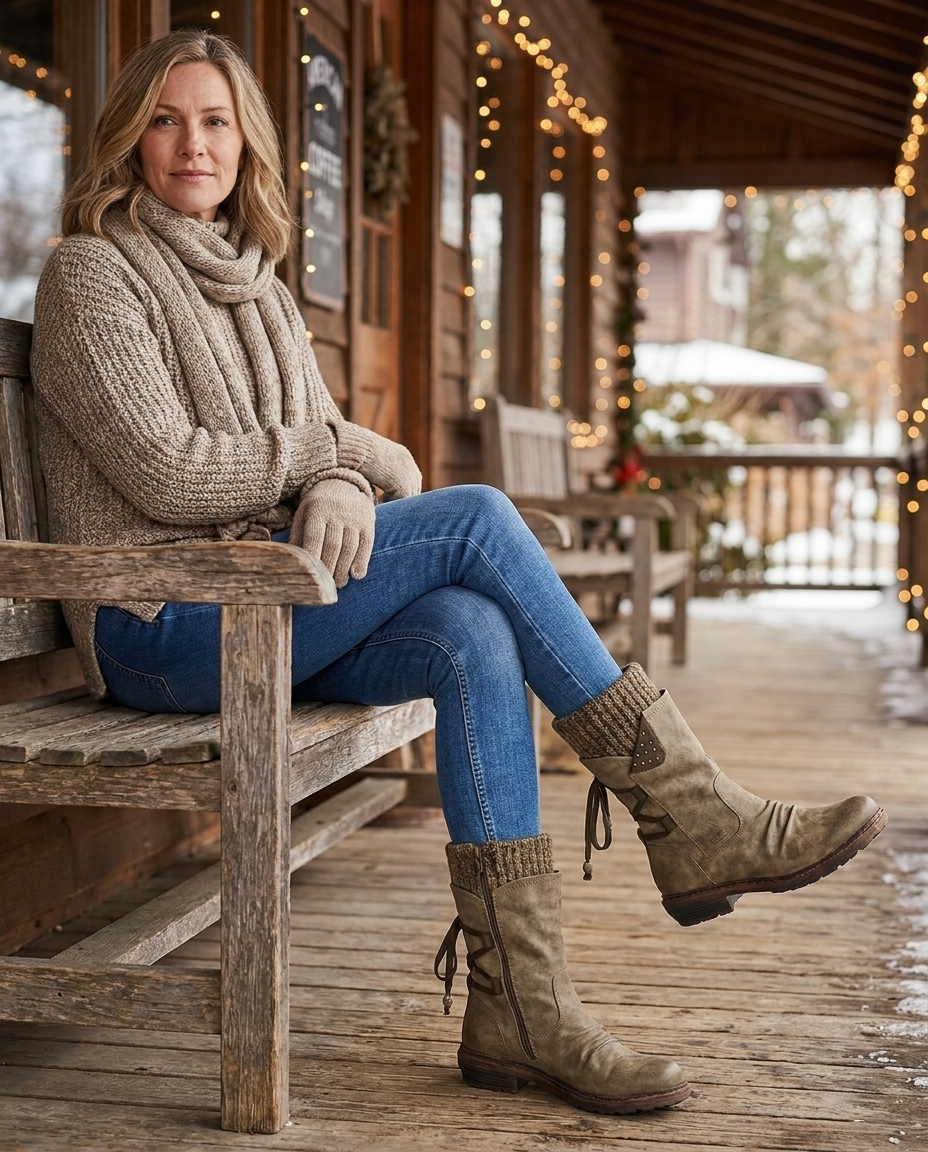 Woman seated on a cozy porch wearing khaki Sabine mid-calf winter boots