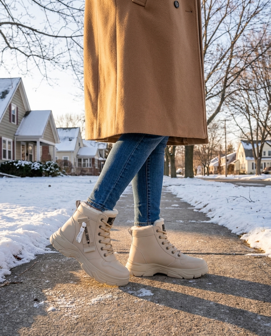 Woman walking a snowy street wearing khaki winter comfort boots and a camel coat