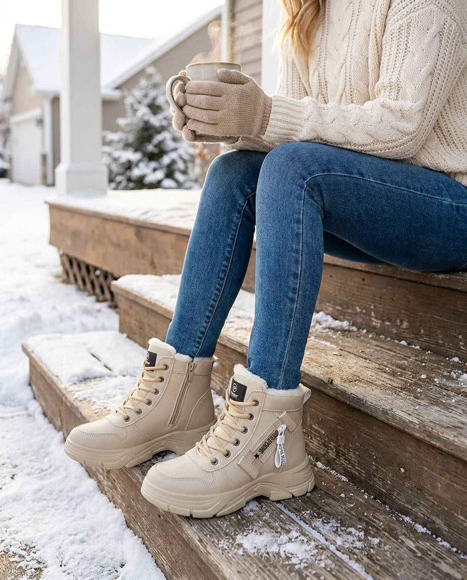 Woman on snowy porch steps with coffee wearing khaki fur-lined winter boots