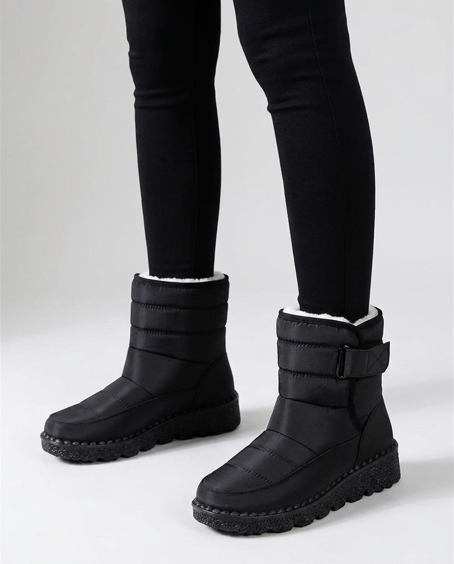 Women's black quilted waterproof winter ankle boots on foot, studio