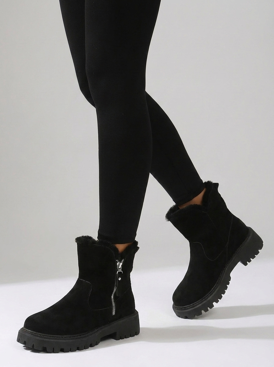Women's black suede fur-cuff winter ankle boots with side zip
