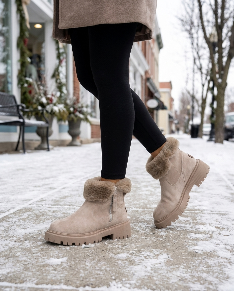 Woman wearing khaki fur-cuff winter ankle boots on a snowy winter sidewalk