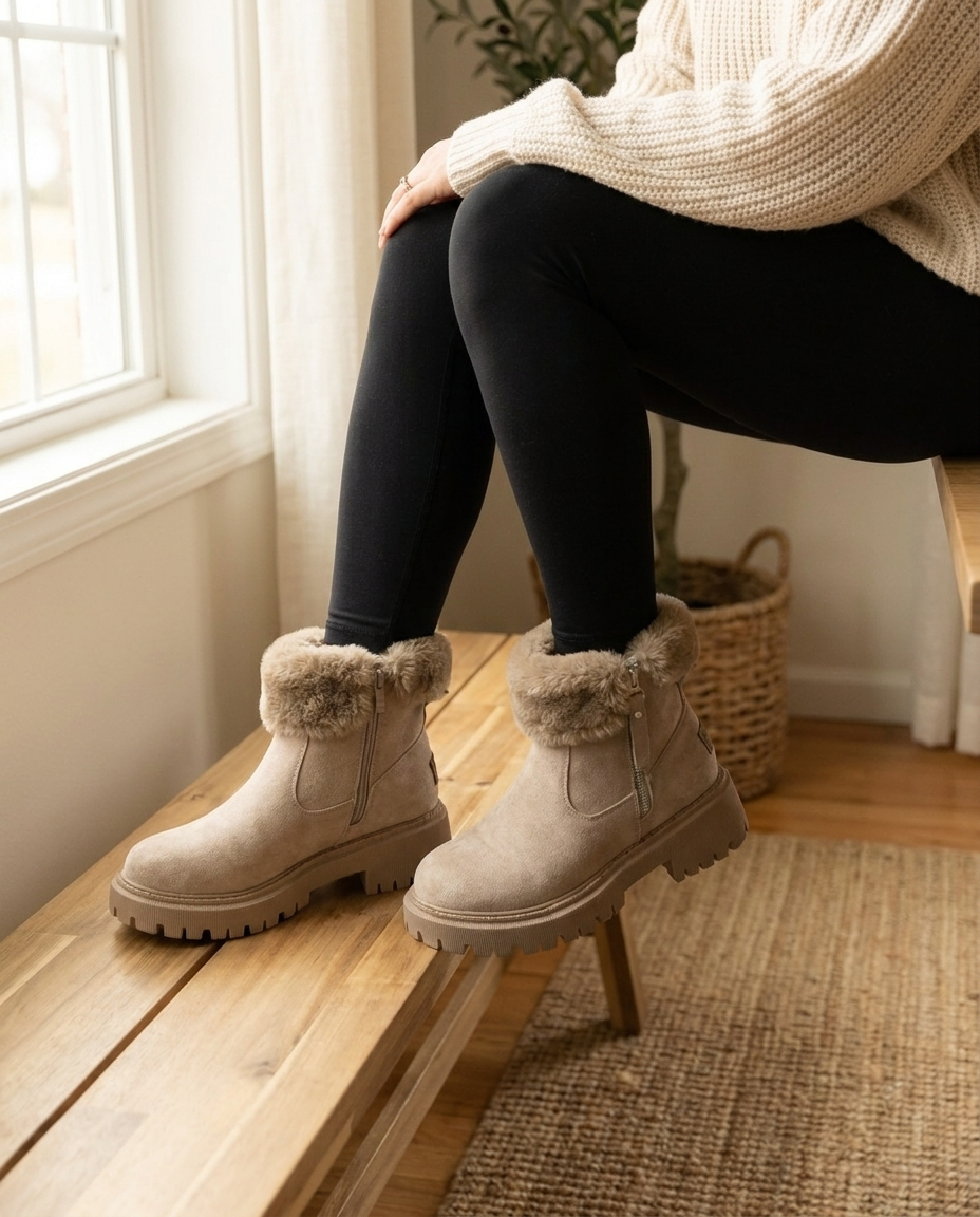 Woman relaxing indoors wearing khaki fur-cuff winter ankle boots with leggings and a knit sweater