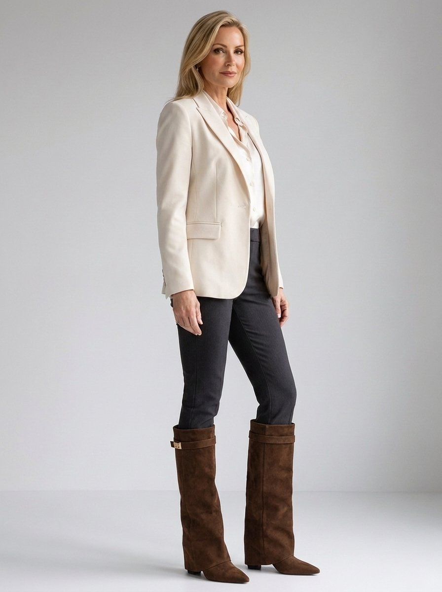 Brown suede knee-high fold-over boots