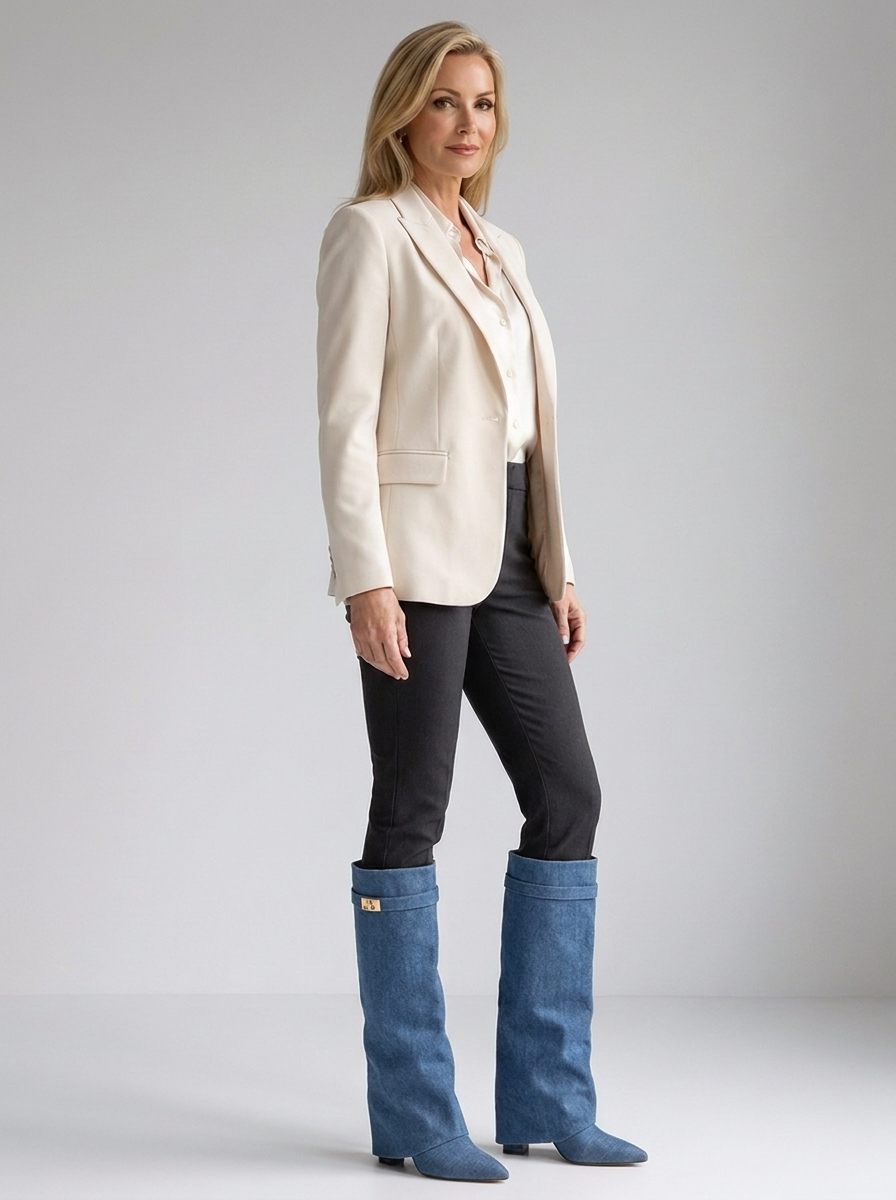 Blue denim knee-high fold-over boots