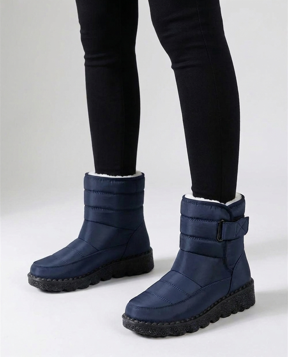Navy-blue quilted waterproof winter ankle boots on foot