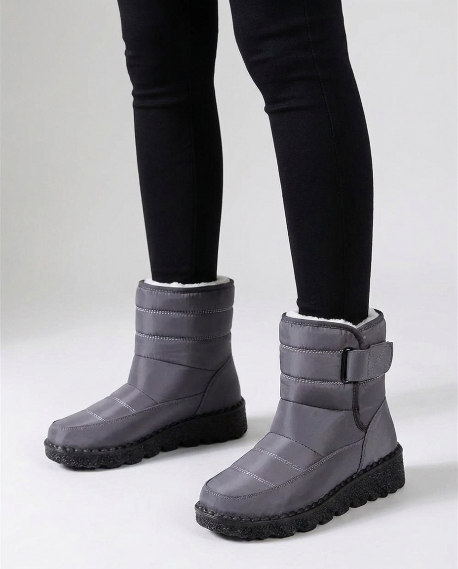 Gray quilted waterproof winter ankle boots on foot