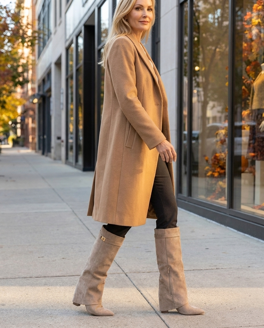 Woman walking on autumn city street in beige knee-high fold-over boots