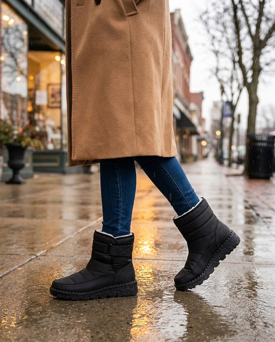 Woman walking a rainy US street in black waterproof winter ankle boots