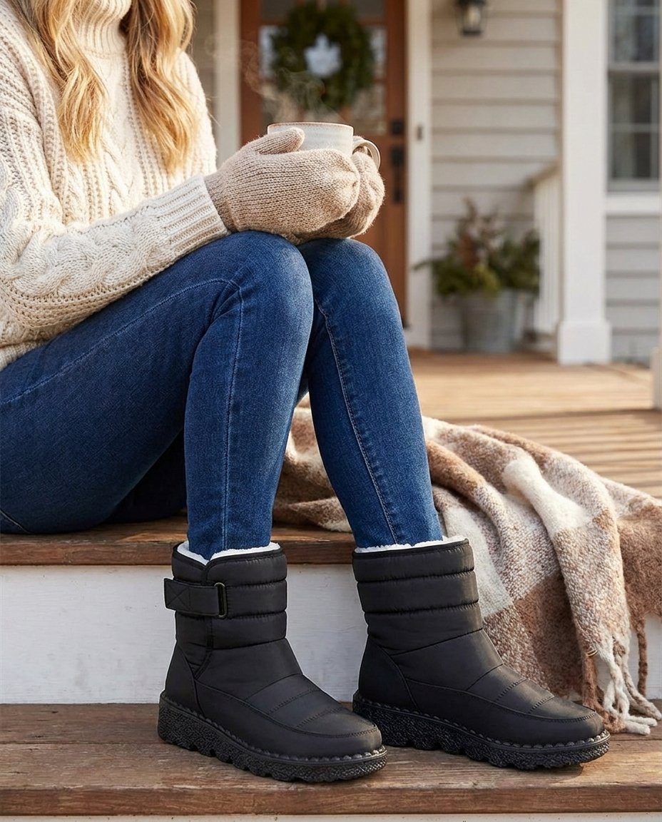 Woman on a cozy winter porch wearing black waterproof winter ankle boots