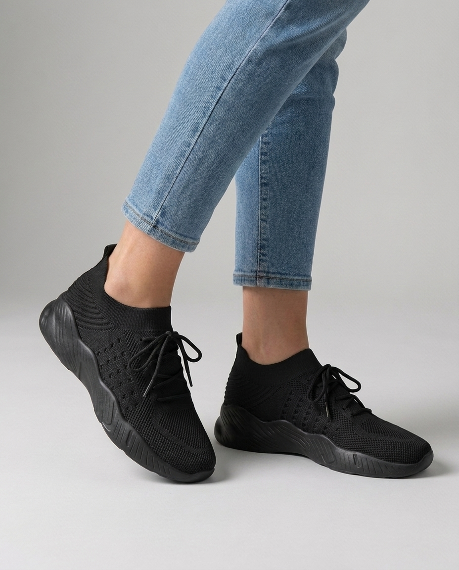 Women's knit lace-up sneakers in black