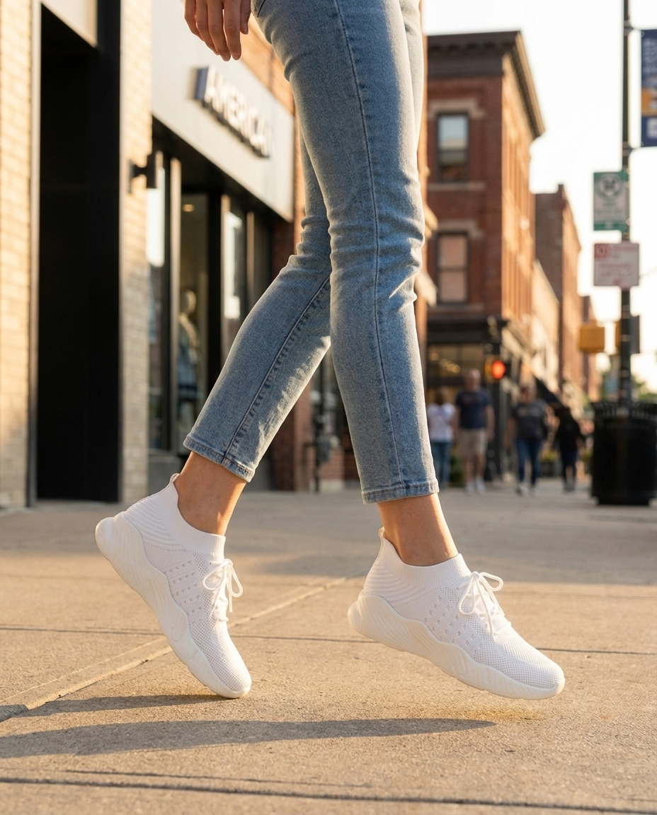 Woman walking a US city sidewalk in white knit sneakers at golden hour