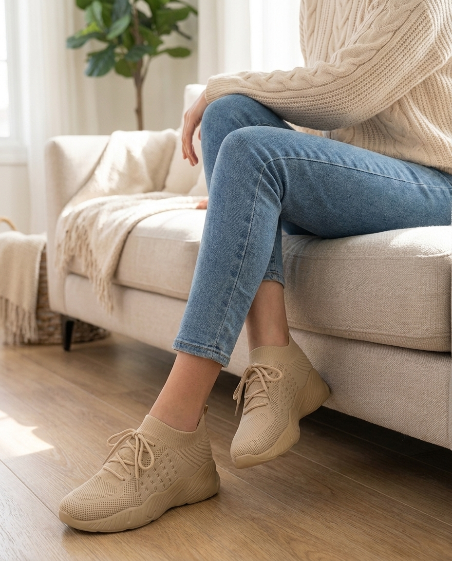 Woman relaxing at home in khaki knit sneakers
