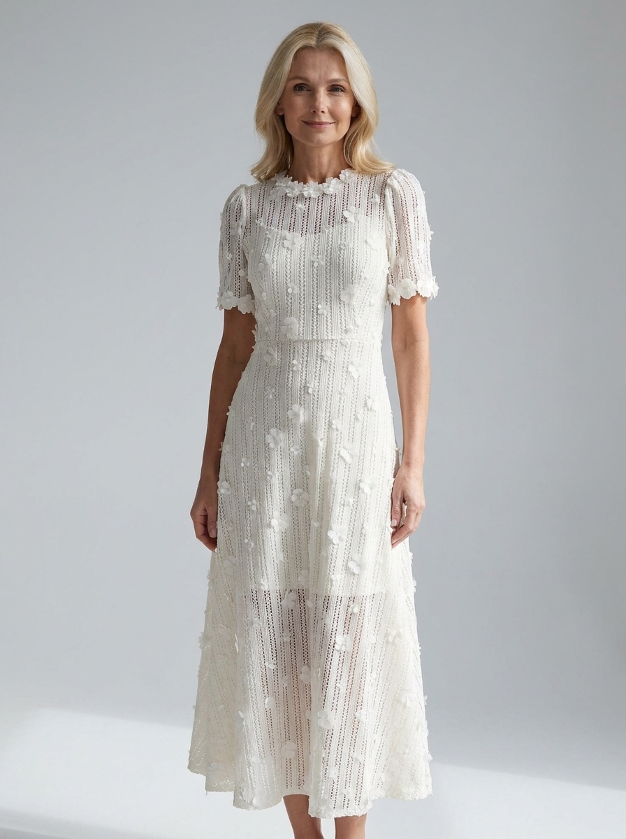Gwenaelle ivory floral lace knit midi dress front full-body