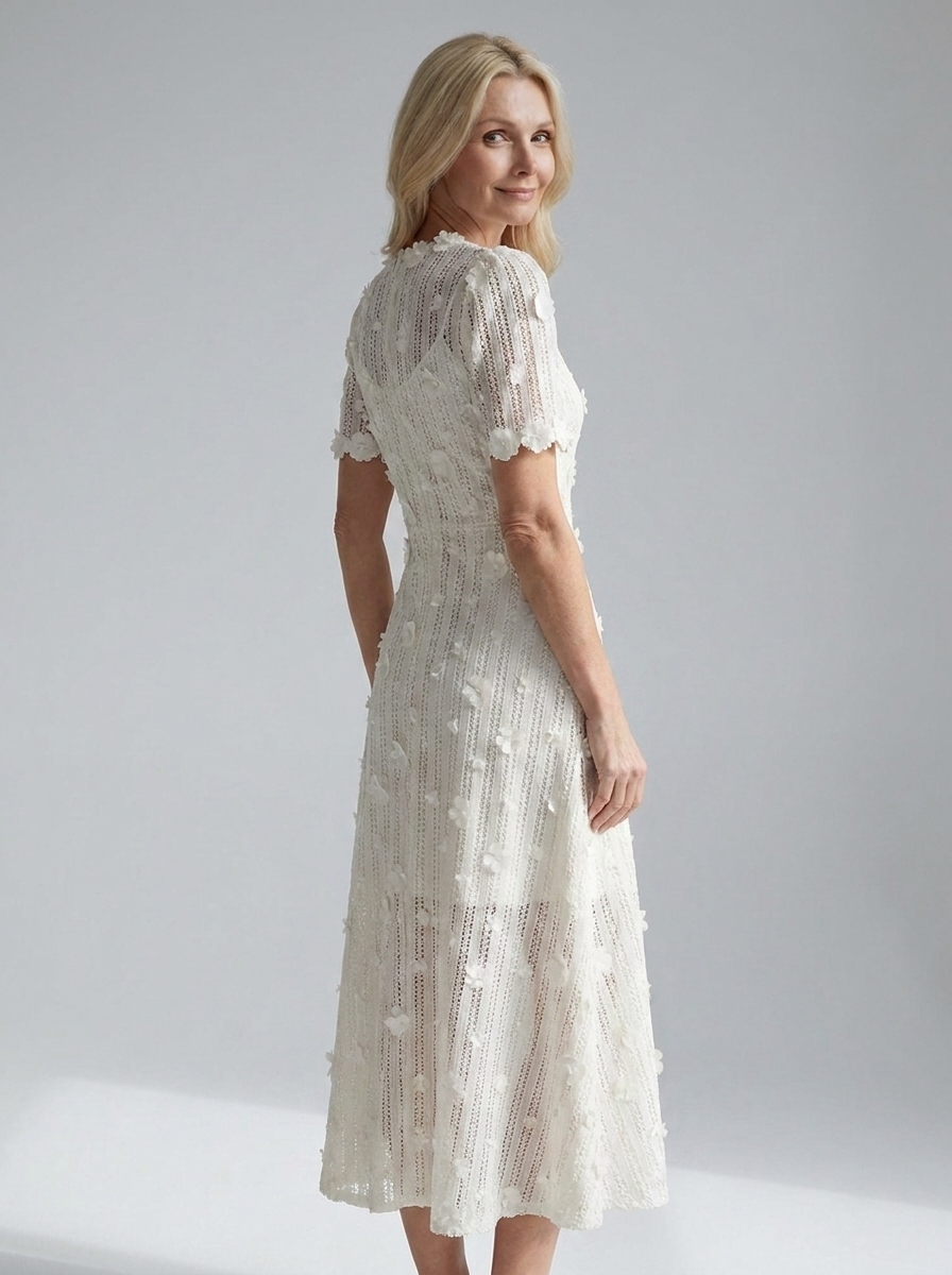 Gwenaelle ivory floral lace knit midi dress back three-quarter