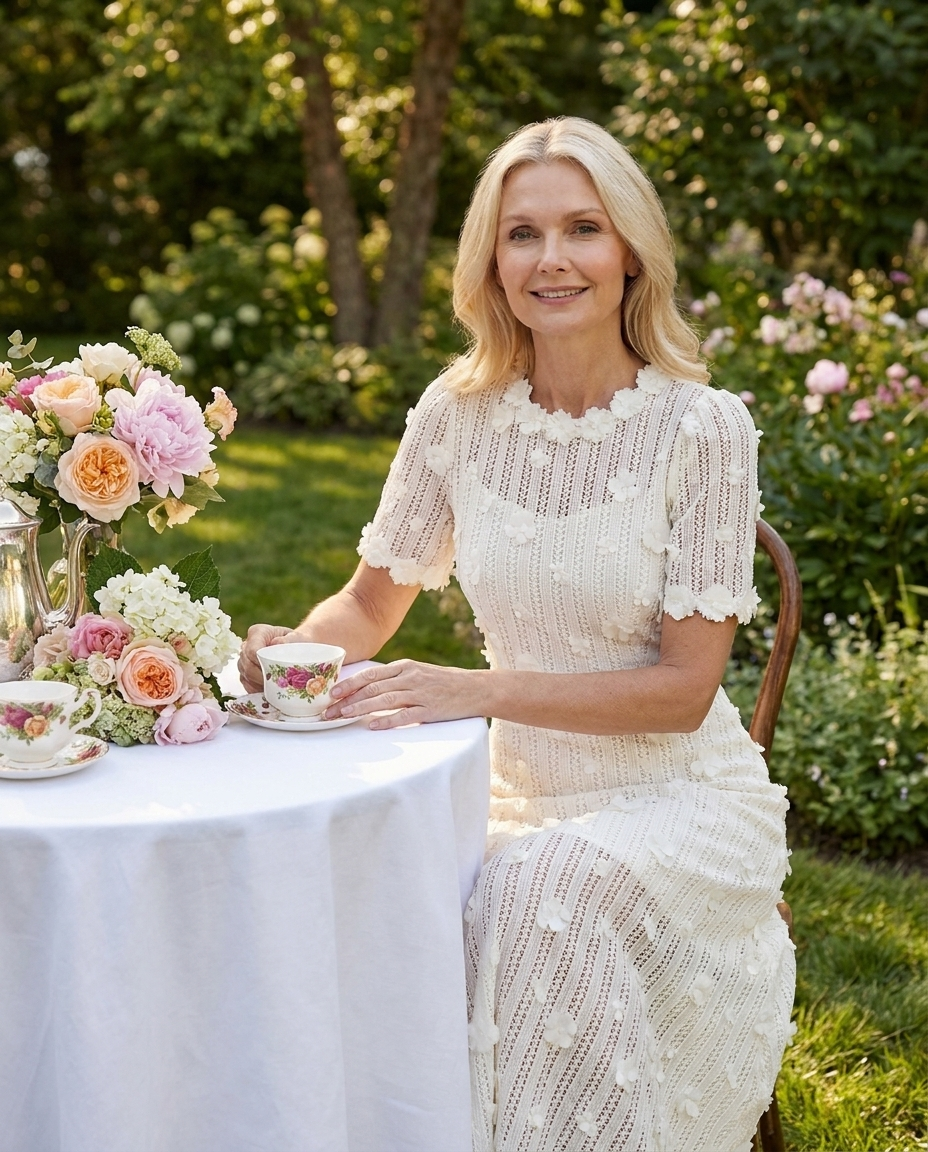 Woman wearing Gwenaelle ivory lace midi dress at a garden tea party