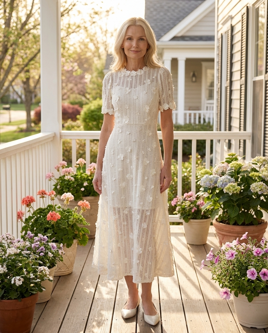 Woman wearing Gwenaelle ivory lace midi dress on a spring porch