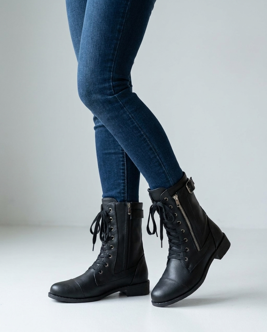 Amandine women's black lace-up combat biker boots with side zip