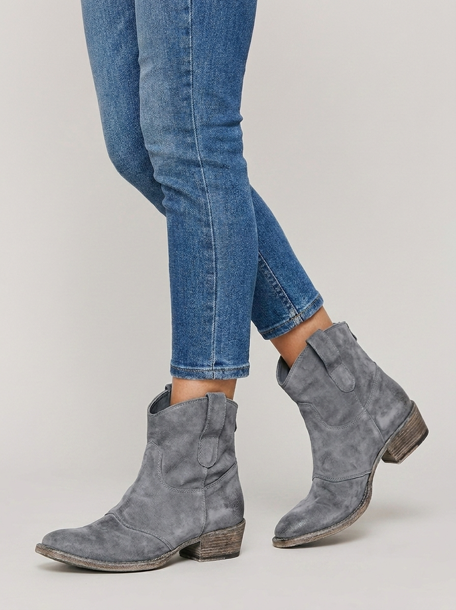 Women's western cowboy ankle boots in gray washed suede