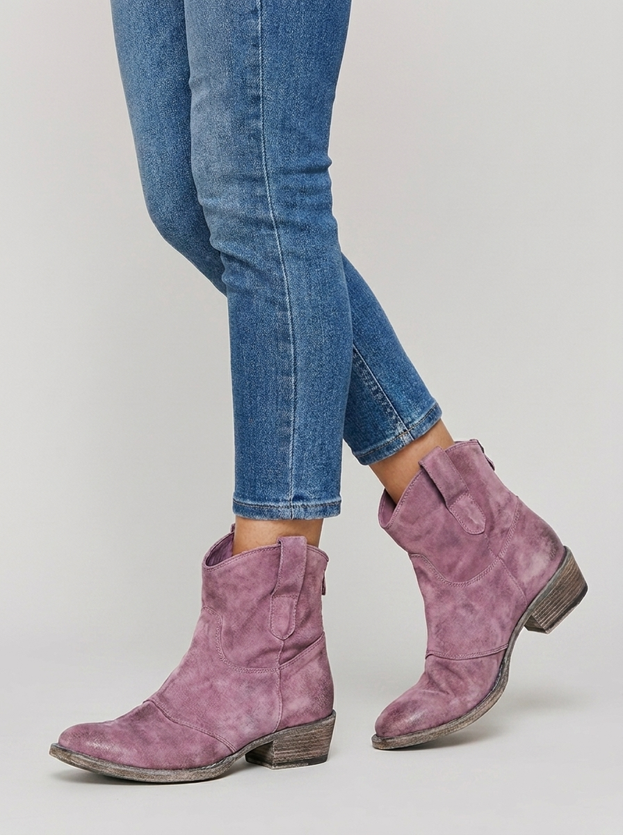 Women's western cowboy ankle boots in mauve pink washed suede