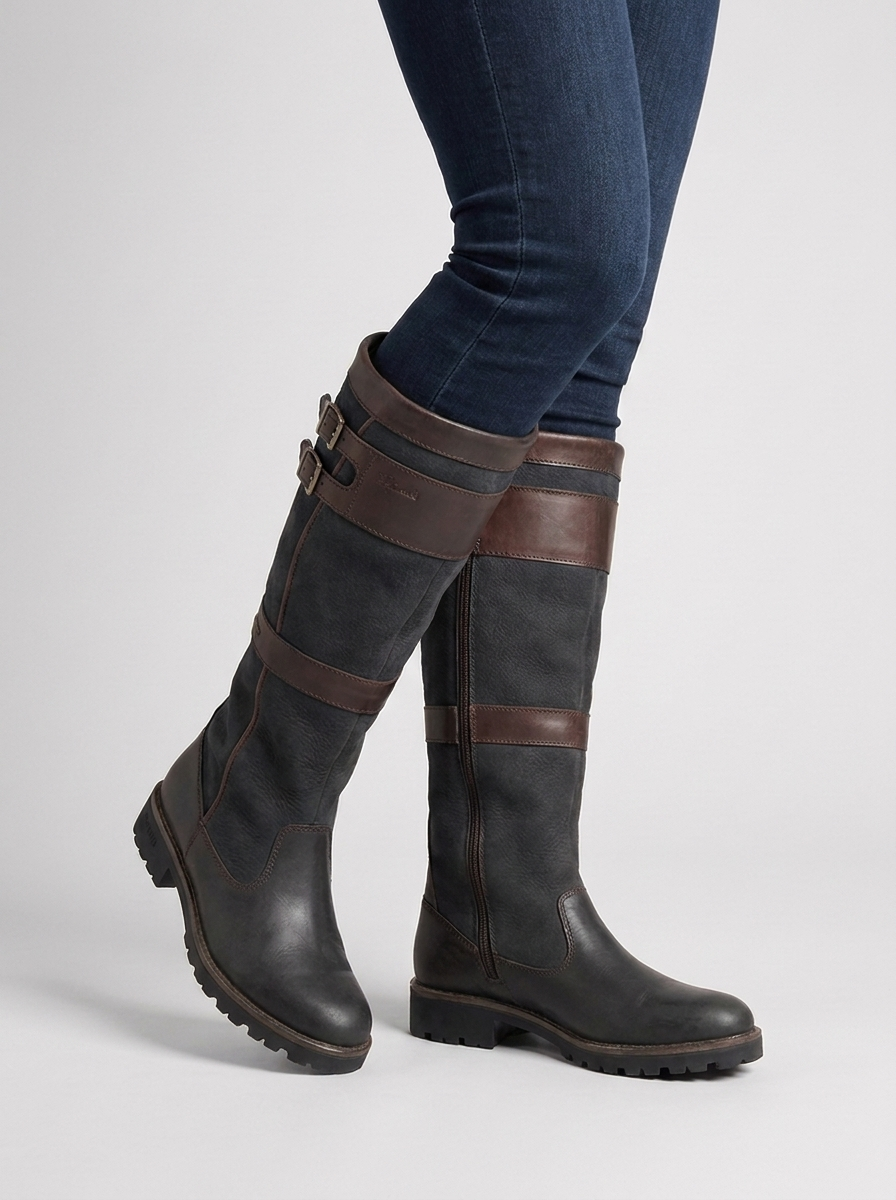 Aurore women's waterproof knee-high country boots in Coffee charcoal nubuck