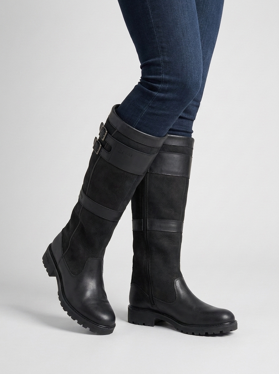 Aurore women's waterproof knee-high country boots in Black leather