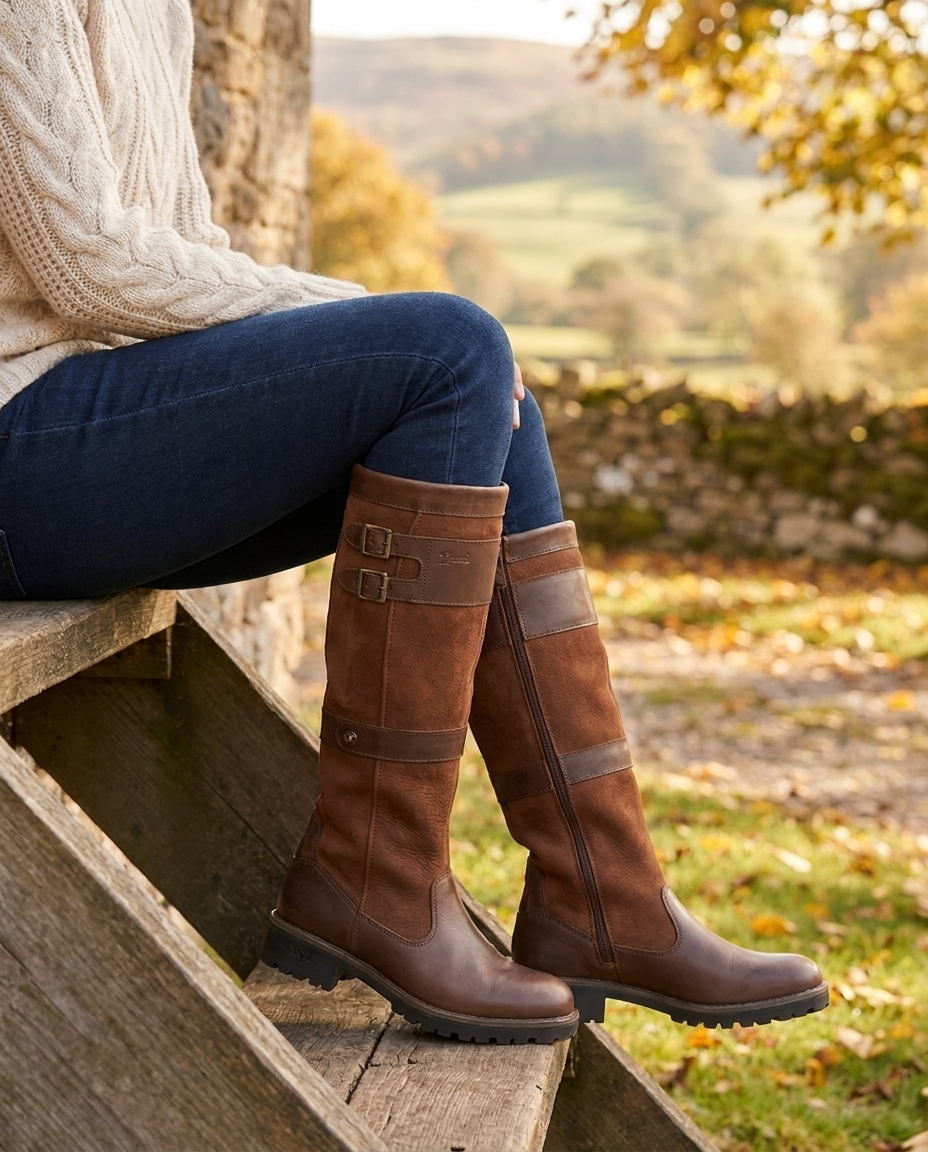 Woman wearing Aurore knee-high country boots seated outdoors in autumn