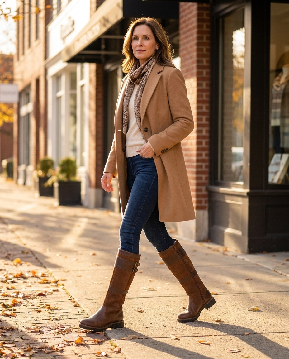 Woman walking a US town sidewalk in Aurore knee-high country boots and camel coat