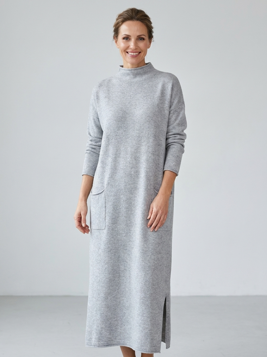 Woman wearing light grey oversized knit long-sleeve maxi dress with mock neck