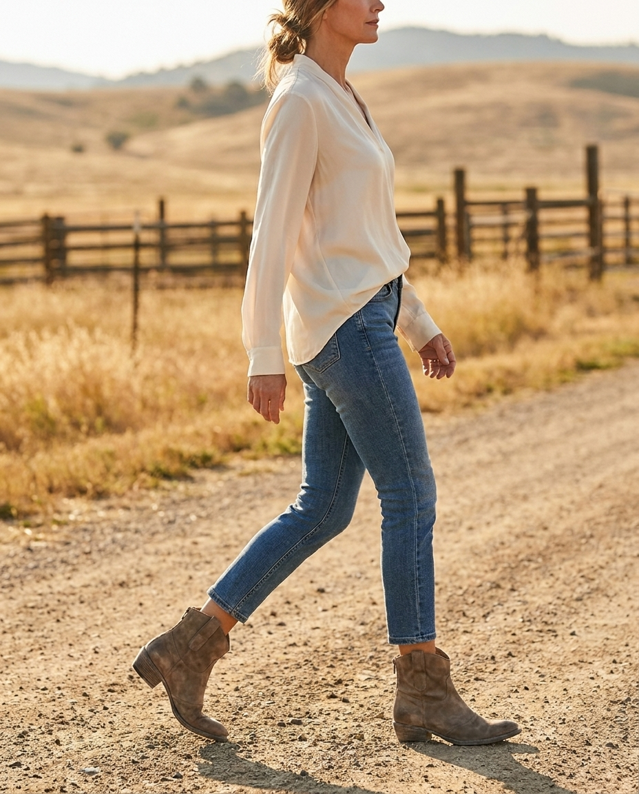 Woman wearing brown cowgirl ankle boots on a ranch dirt road