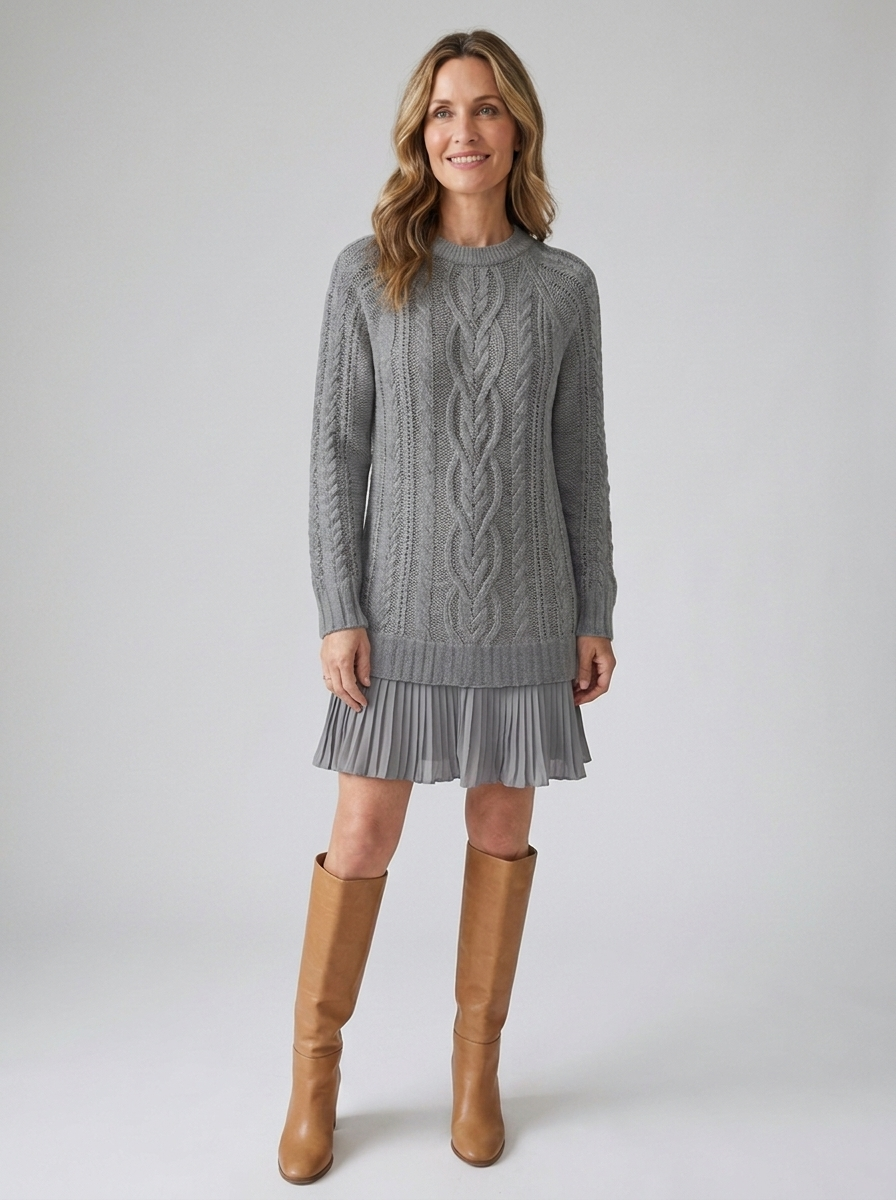 Women's cable knit sweater dress in gray with pleated chiffon hem