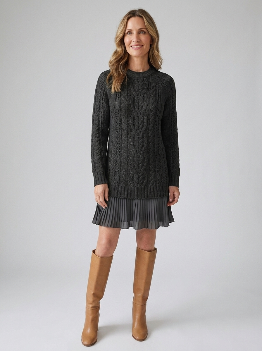Women's cable knit sweater dress in black with pleated chiffon hem