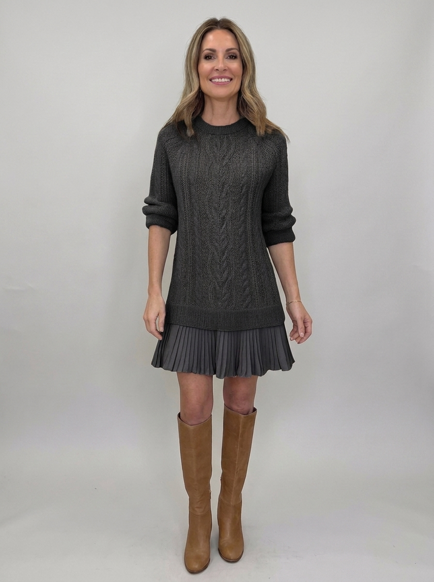 Woman wearing black cable-knit sweater mini dress with pleated ruffle hem