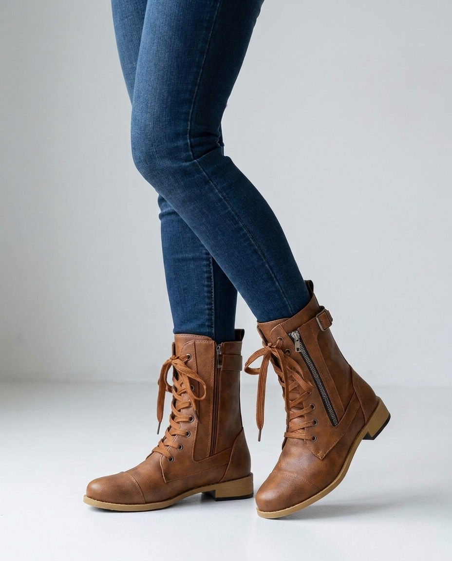 Amandine women's caramel lace-up combat biker boots