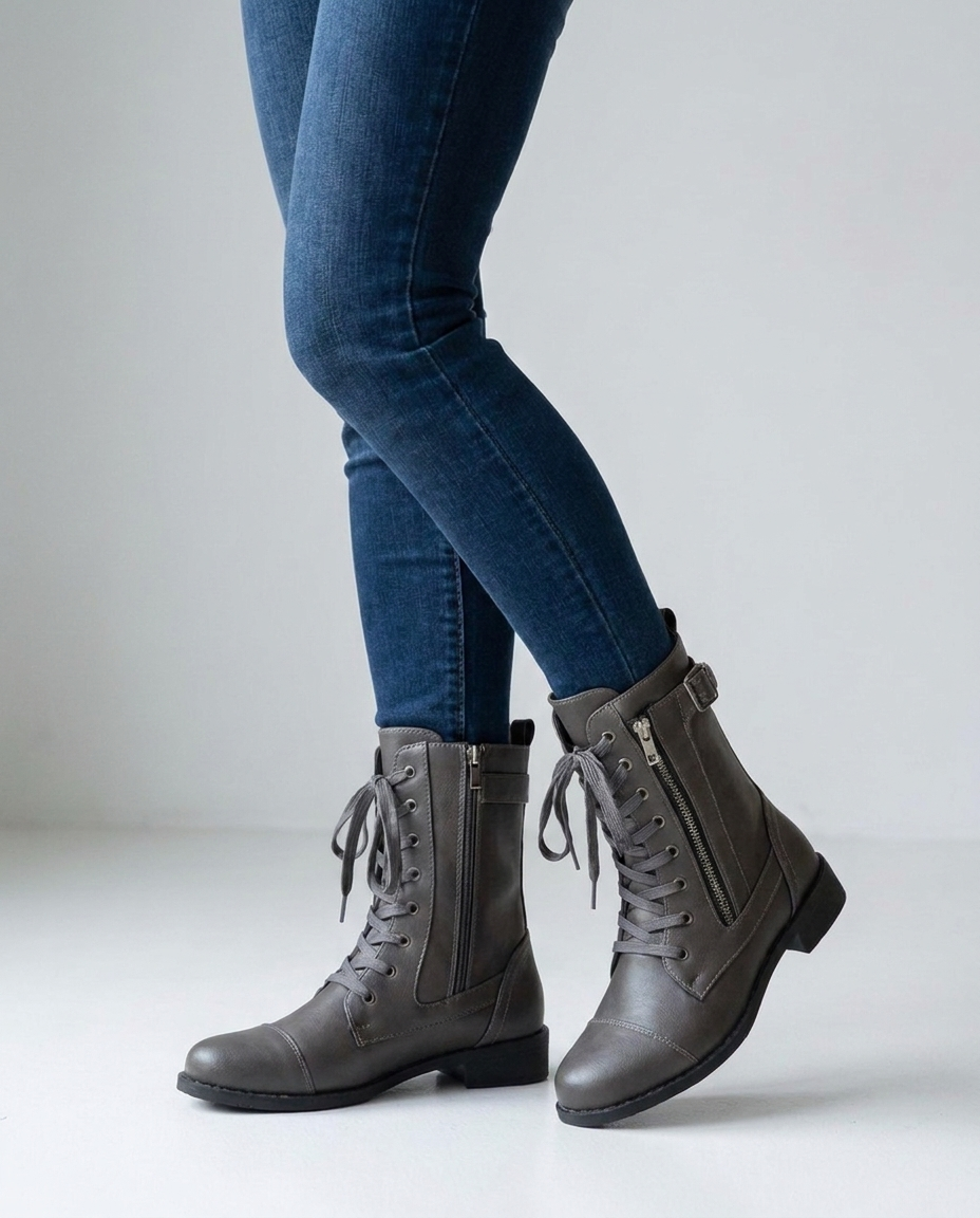 Amandine women's dark gray lace-up combat biker boots
