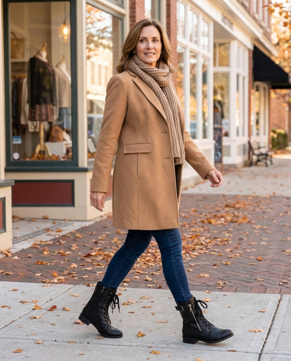 Woman wearing black biker boots with camel coat on an autumn city street