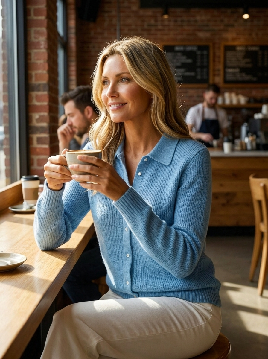 Woman in light blue polo collar cardigan at a coffee shop