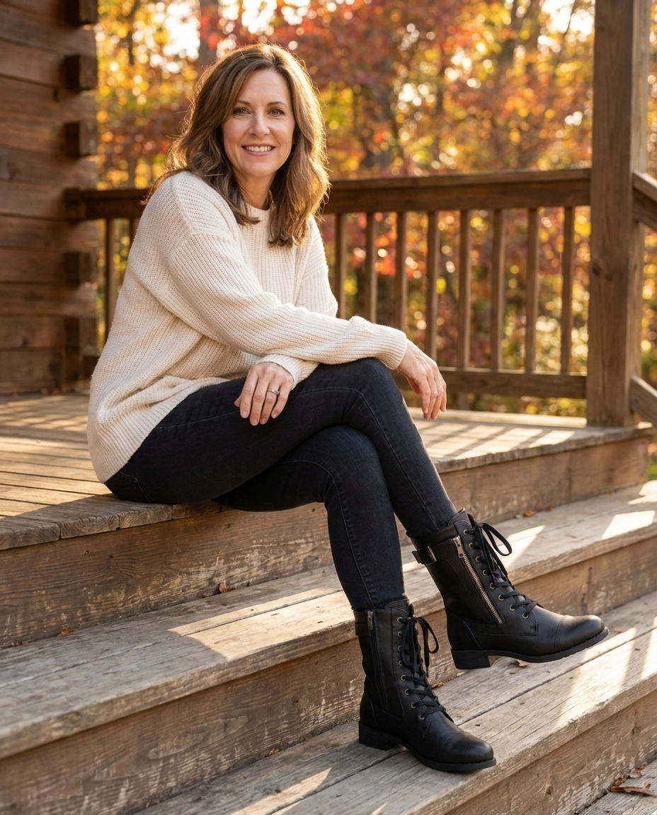 Woman in cozy sweater and black biker boots seated on autumn porch steps